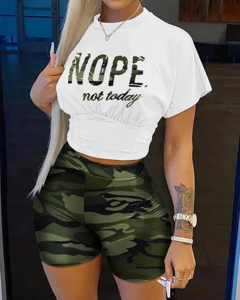 CAMO LETTER PRINT CORSET CROP TOP SHORTS SET