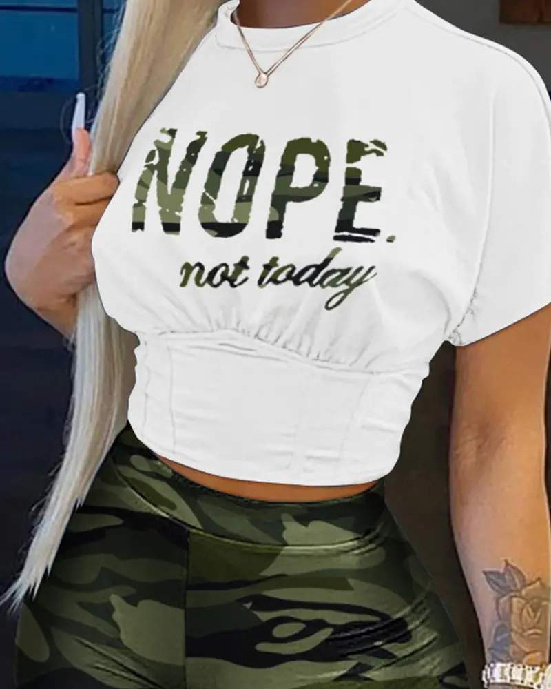CAMO LETTER PRINT CORSET CROP TOP SHORTS SET