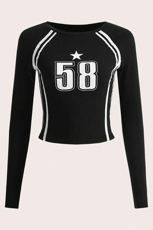 NUMBER PRINT FITTED LONG SLEEVE TOP