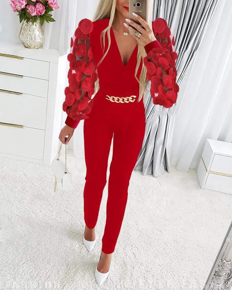 FLORAL PATTERN SHEER MESH PATCH CHAIN DECOR JUMPSUIT