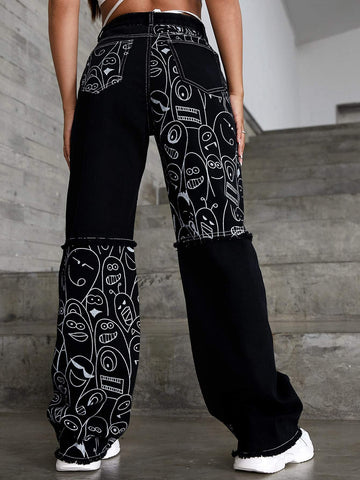 WOMEN S CARTOON PRINTED WIDE LEG JEANS WITH FRINGE