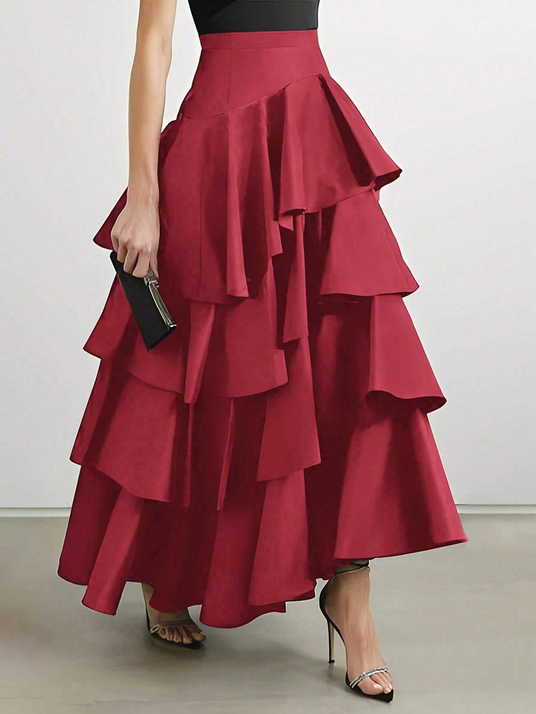 PRIV SOLID COLOR MULTI LAYER RUFFLE HEM SKIRT
