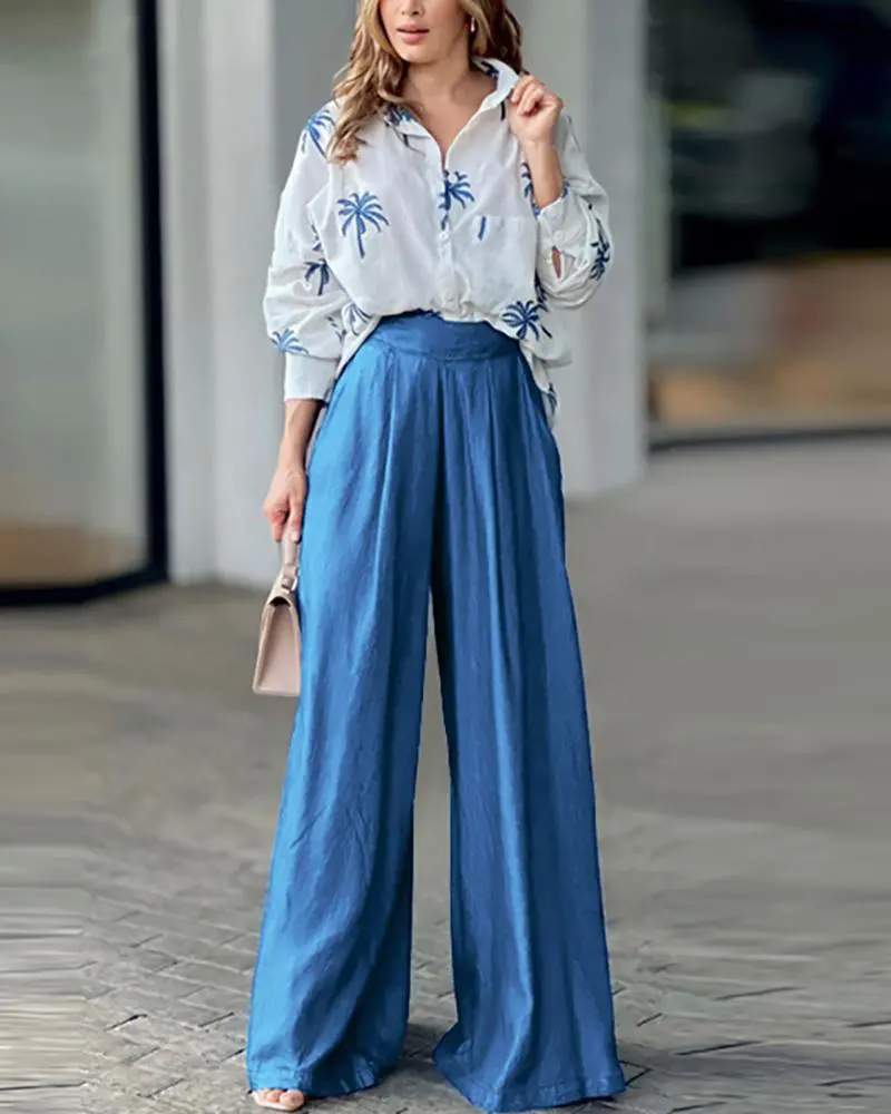 2PCS PALMTREE PRINT LONG SLEEVE BLOUSE W WIDE LEG PANTS SET - Missyess