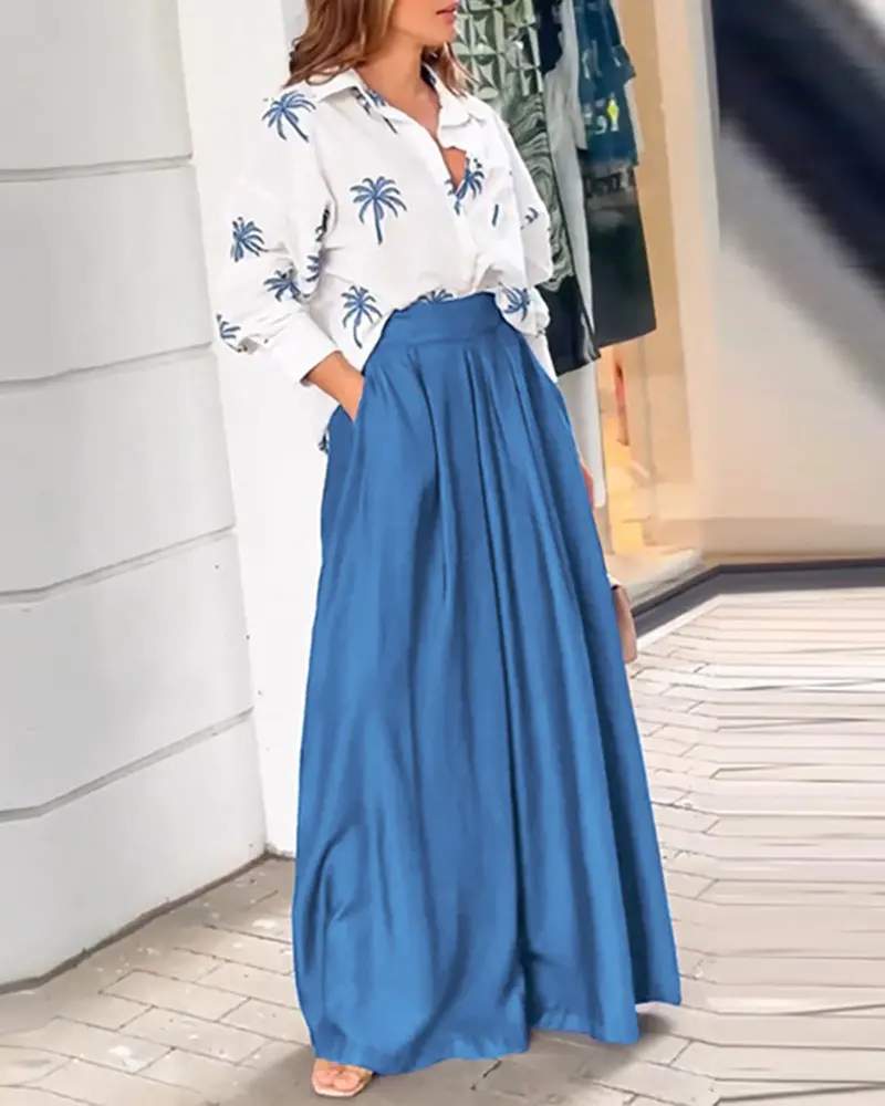 2PCS PALMTREE PRINT LONG SLEEVE BLOUSE W WIDE LEG PANTS SET - Missyess