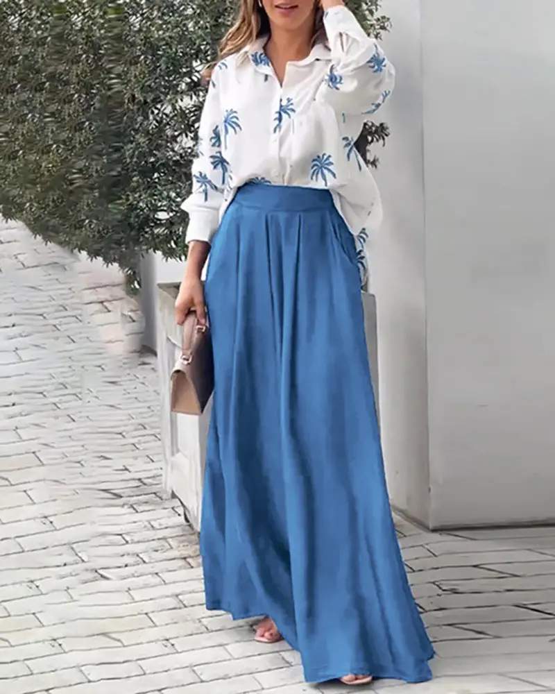 2PCS PALMTREE PRINT LONG SLEEVE BLOUSE W WIDE LEG PANTS SET - Missyess