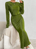2PCS SET SOLID COLOR LONG SLEEVE TOP AND SKIRT - Missyess