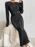 2PCS SET SOLID COLOR LONG SLEEVE TOP AND SKIRT - Missyess