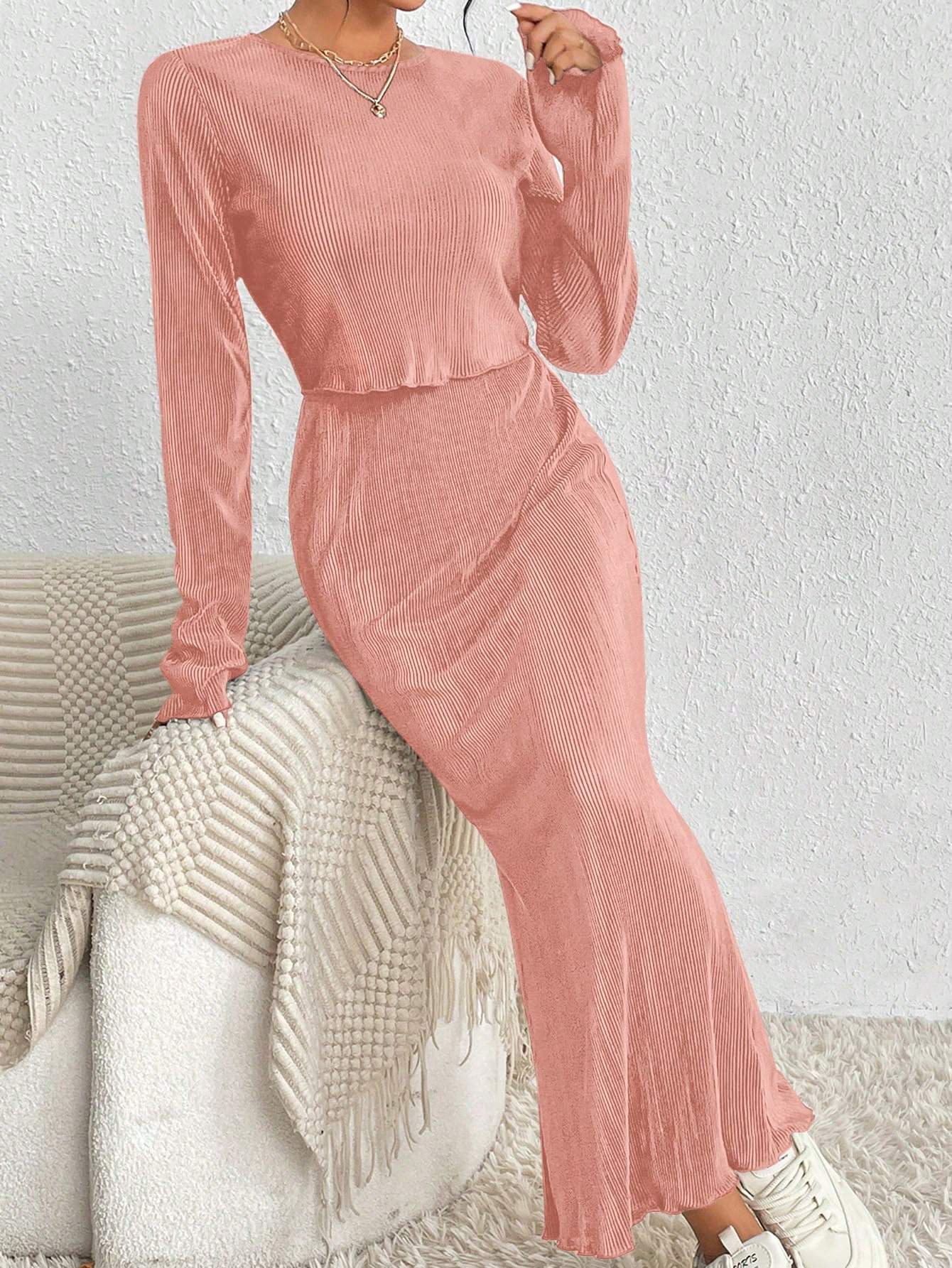 2PCS SET SOLID COLOR LONG SLEEVE TOP AND SKIRT - Missyess