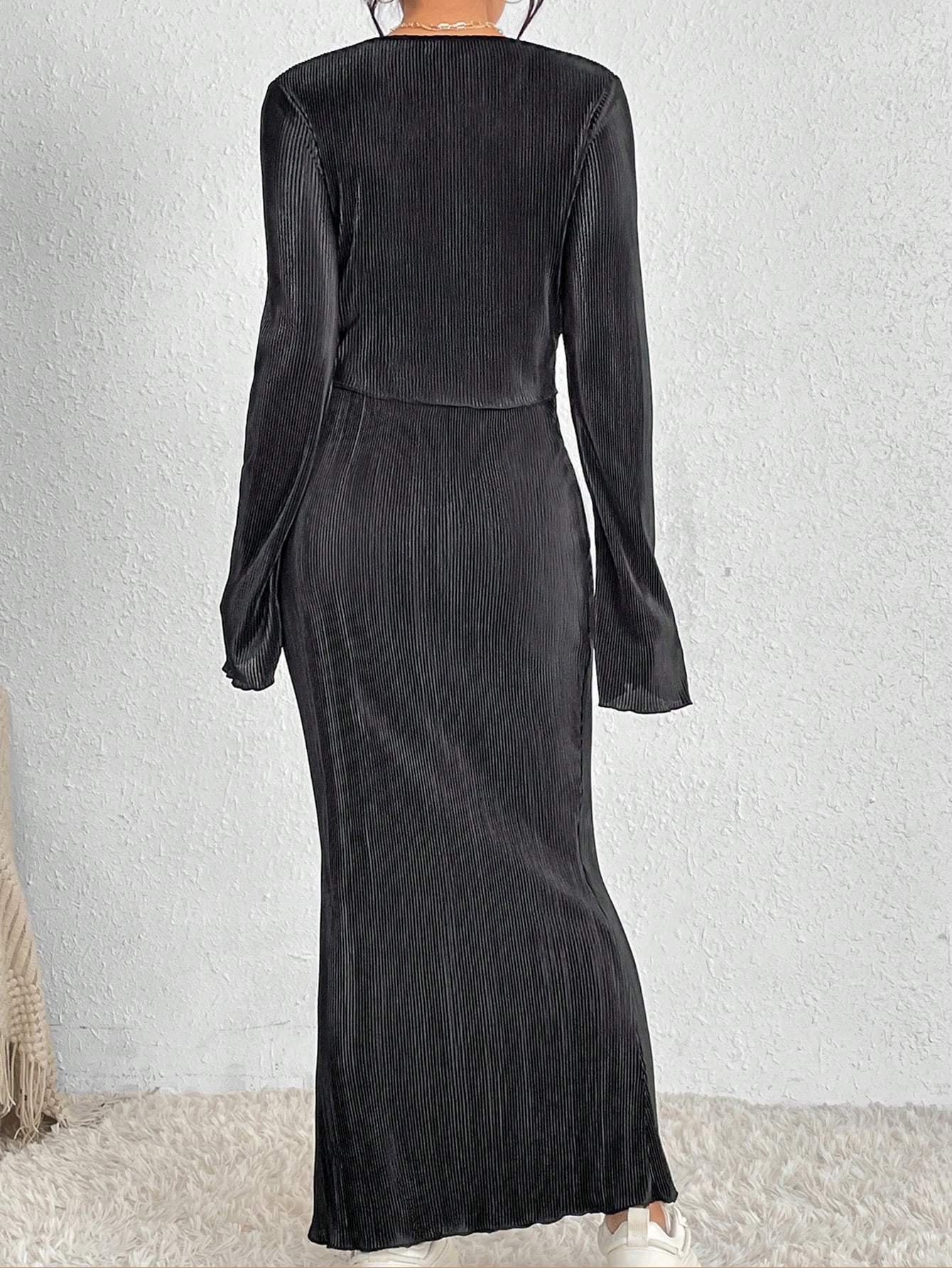 2PCS SET SOLID COLOR LONG SLEEVE TOP AND SKIRT - Missyess