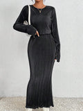 2PCS SET SOLID COLOR LONG SLEEVE TOP AND SKIRT - Missyess