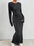 2PCS SET SOLID COLOR LONG SLEEVE TOP AND SKIRT - Missyess