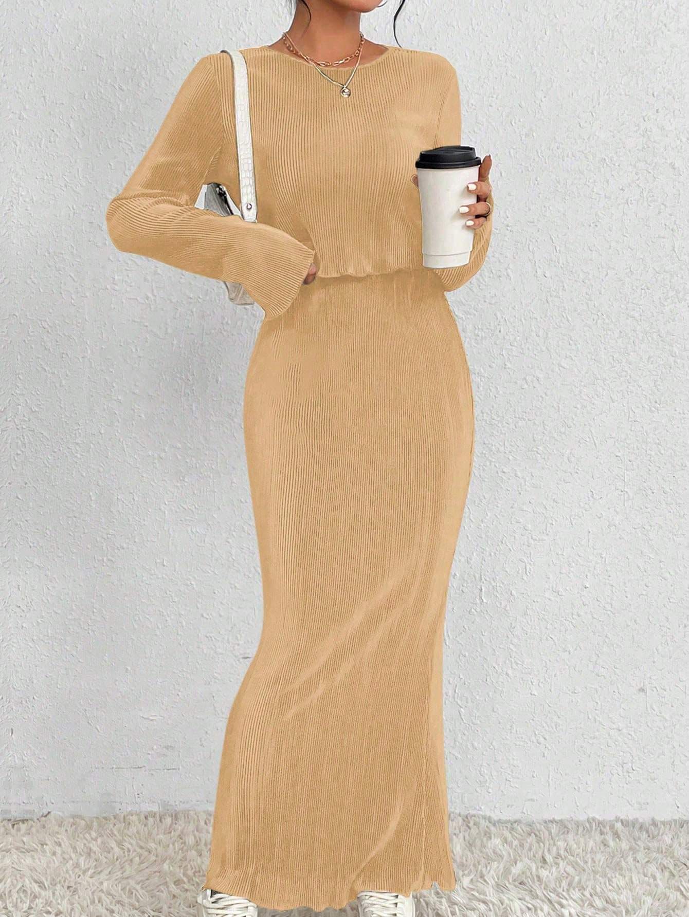 2PCS SET SOLID COLOR LONG SLEEVE TOP AND SKIRT - Missyess