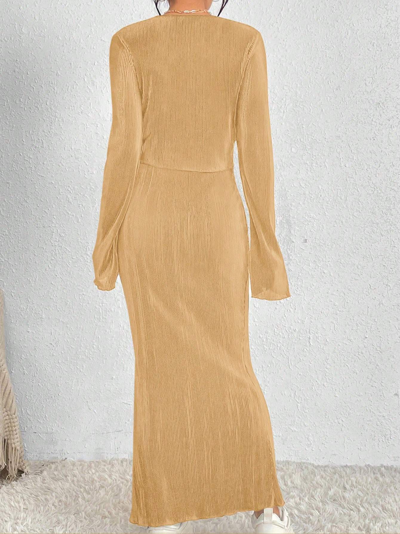2PCS SET SOLID COLOR LONG SLEEVE TOP AND SKIRT - Missyess