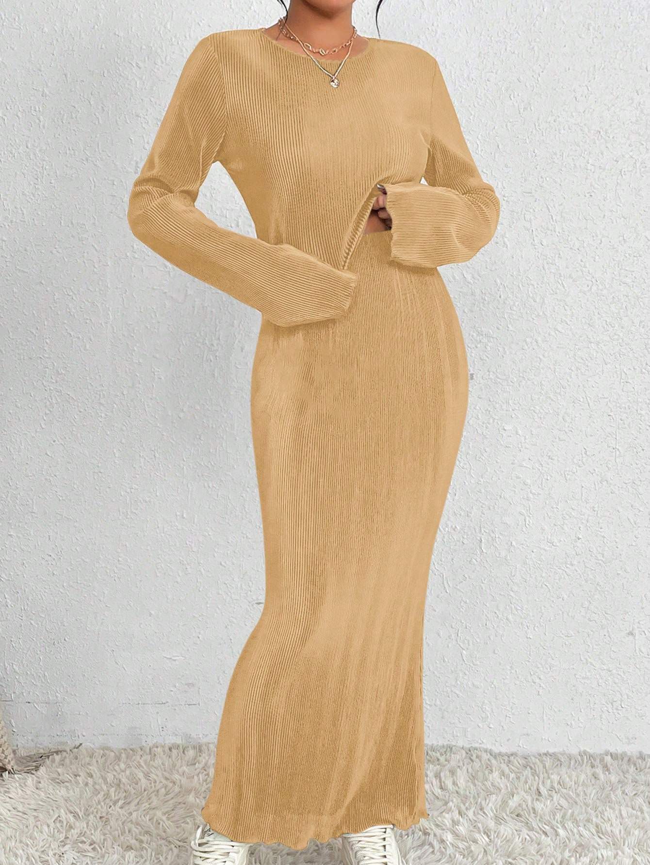 2PCS SET SOLID COLOR LONG SLEEVE TOP AND SKIRT - Missyess