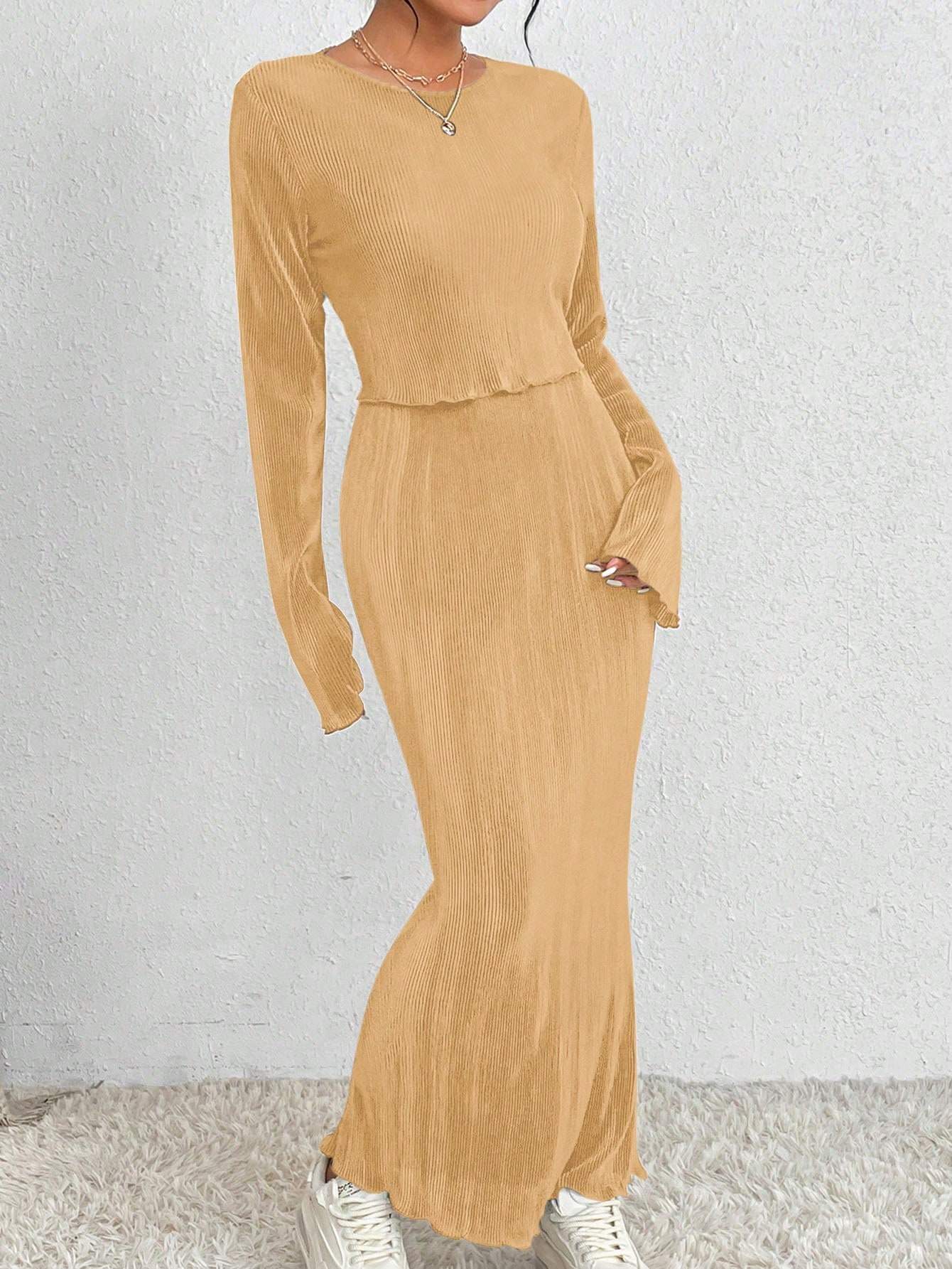 2PCS SET SOLID COLOR LONG SLEEVE TOP AND SKIRT - Missyess