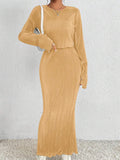 2PCS SET SOLID COLOR LONG SLEEVE TOP AND SKIRT - Missyess