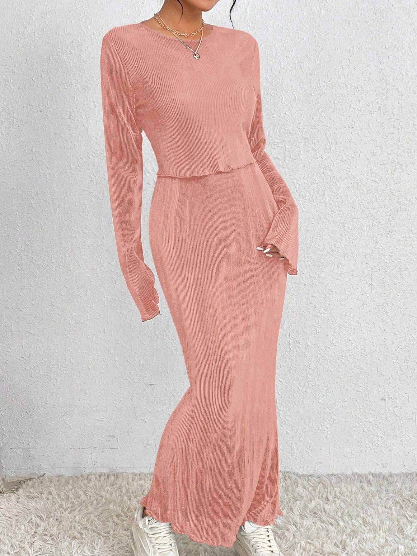 2PCS SET SOLID COLOR LONG SLEEVE TOP AND SKIRT - Missyess