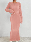 2PCS SET SOLID COLOR LONG SLEEVE TOP AND SKIRT - Missyess