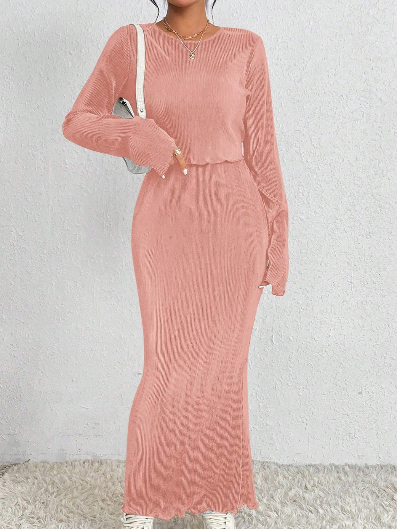 2PCS SET SOLID COLOR LONG SLEEVE TOP AND SKIRT - Missyess