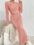 2PCS SET SOLID COLOR LONG SLEEVE TOP AND SKIRT - Missyess