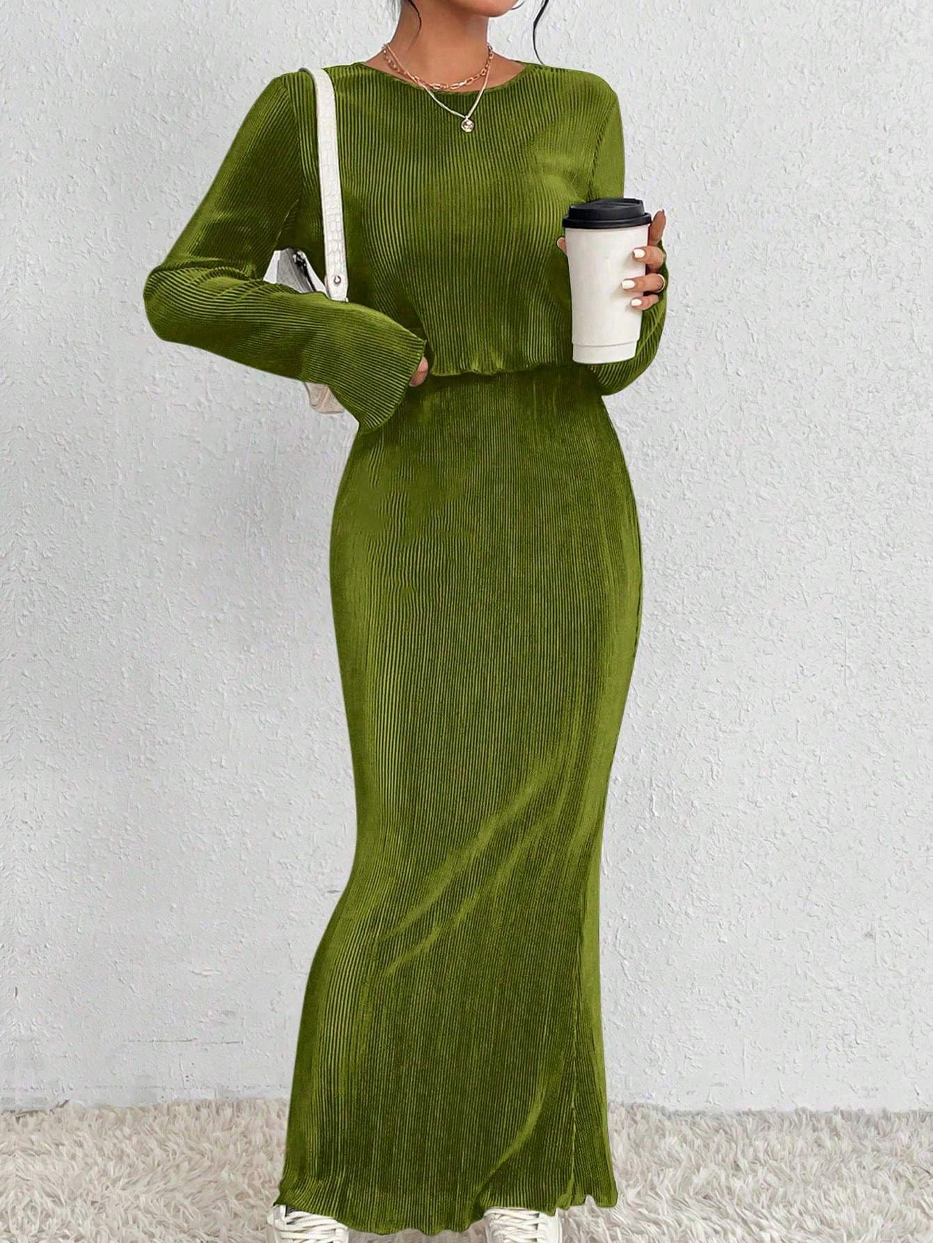 2PCS SET SOLID COLOR LONG SLEEVE TOP AND SKIRT - Missyess