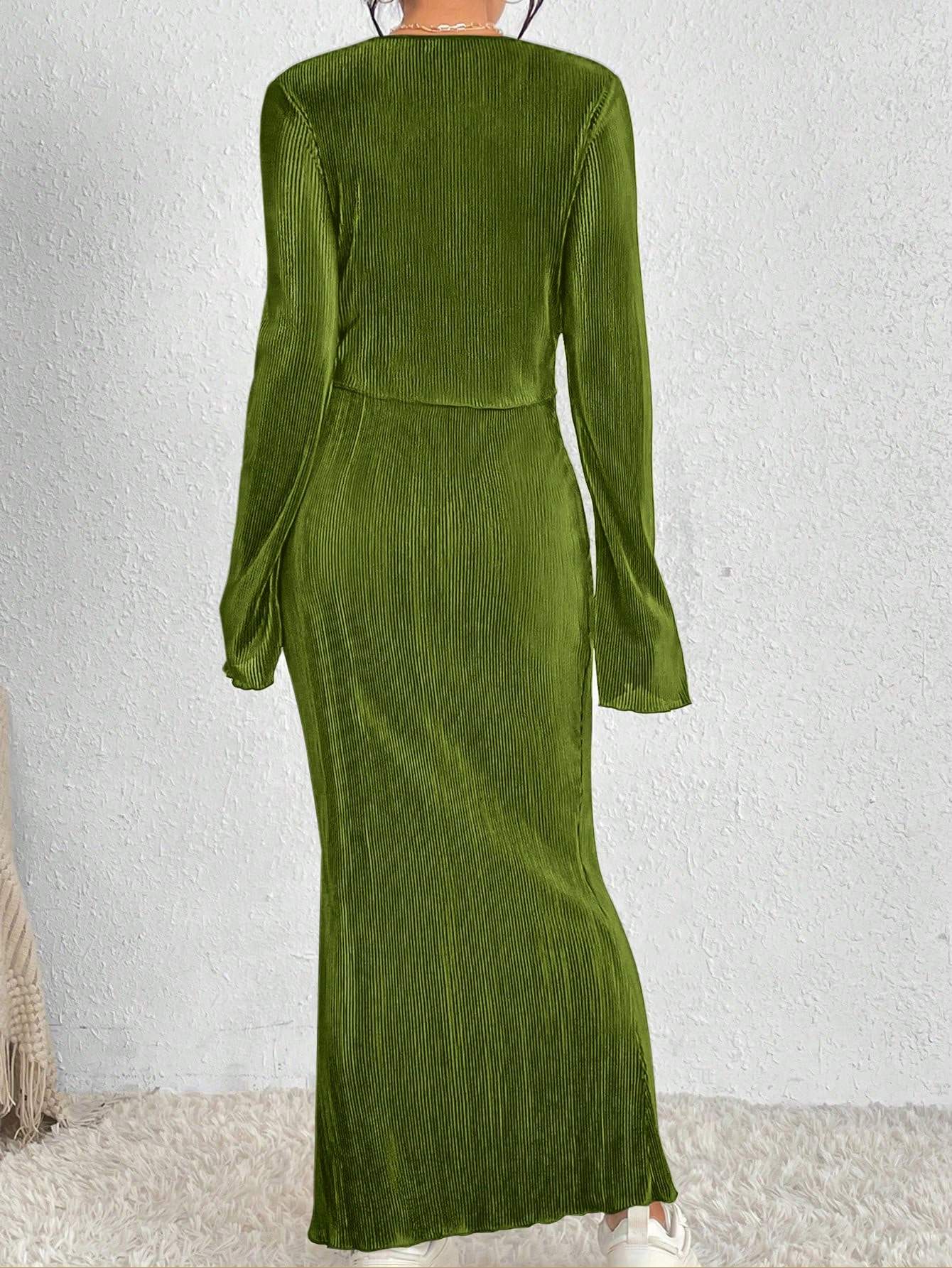 2PCS SET SOLID COLOR LONG SLEEVE TOP AND SKIRT - Missyess