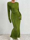 2PCS SET SOLID COLOR LONG SLEEVE TOP AND SKIRT - Missyess