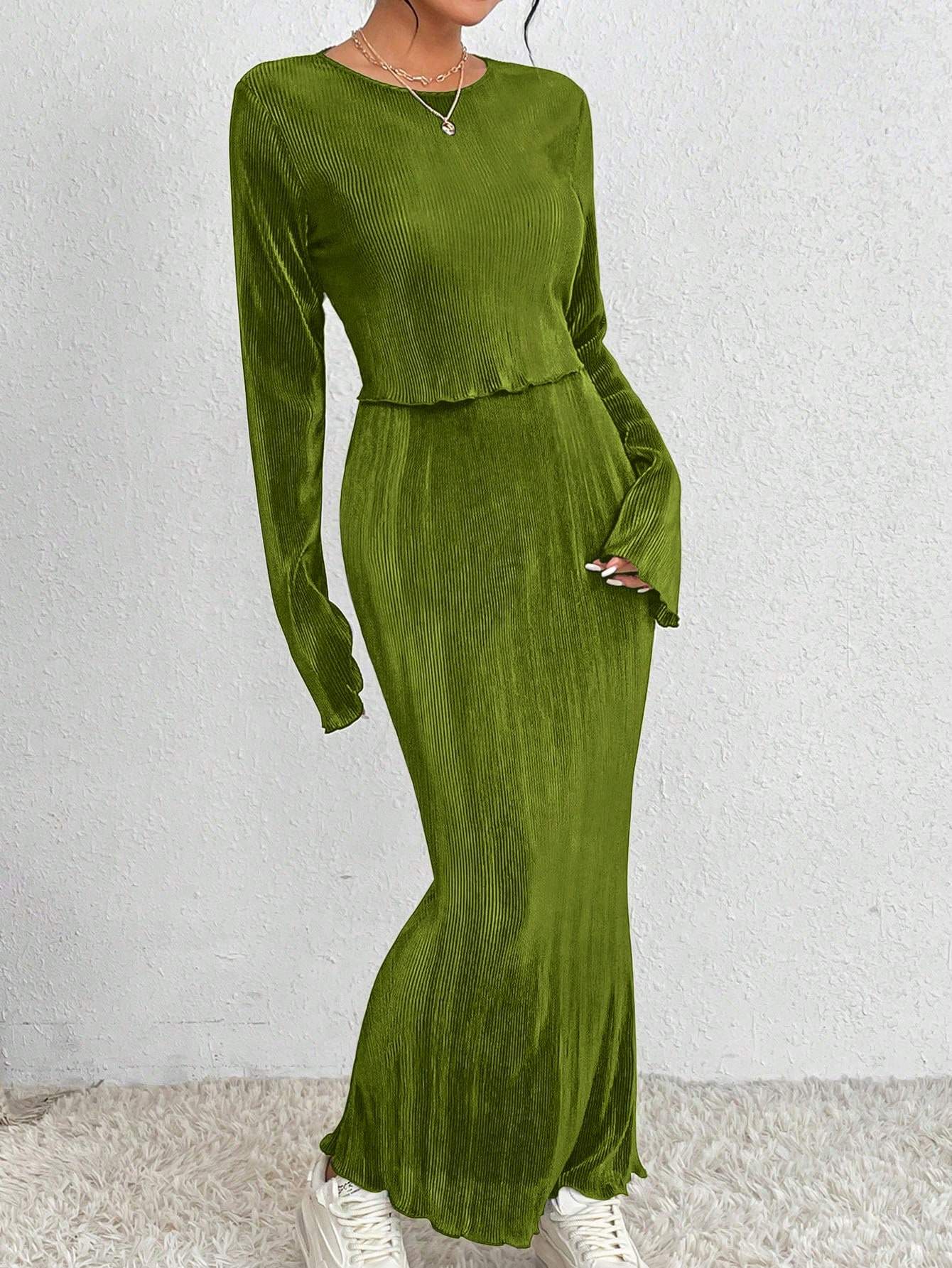 2PCS SET SOLID COLOR LONG SLEEVE TOP AND SKIRT - Missyess
