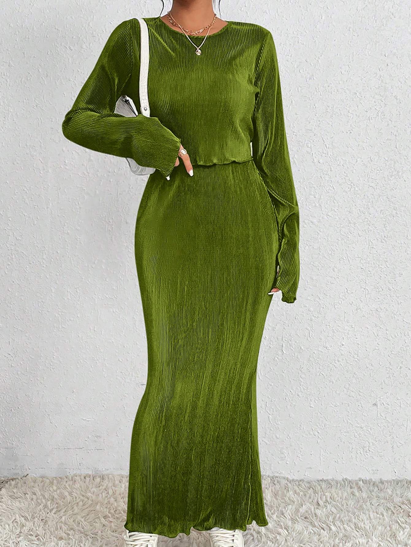 2PCS SET SOLID COLOR LONG SLEEVE TOP AND SKIRT - Missyess