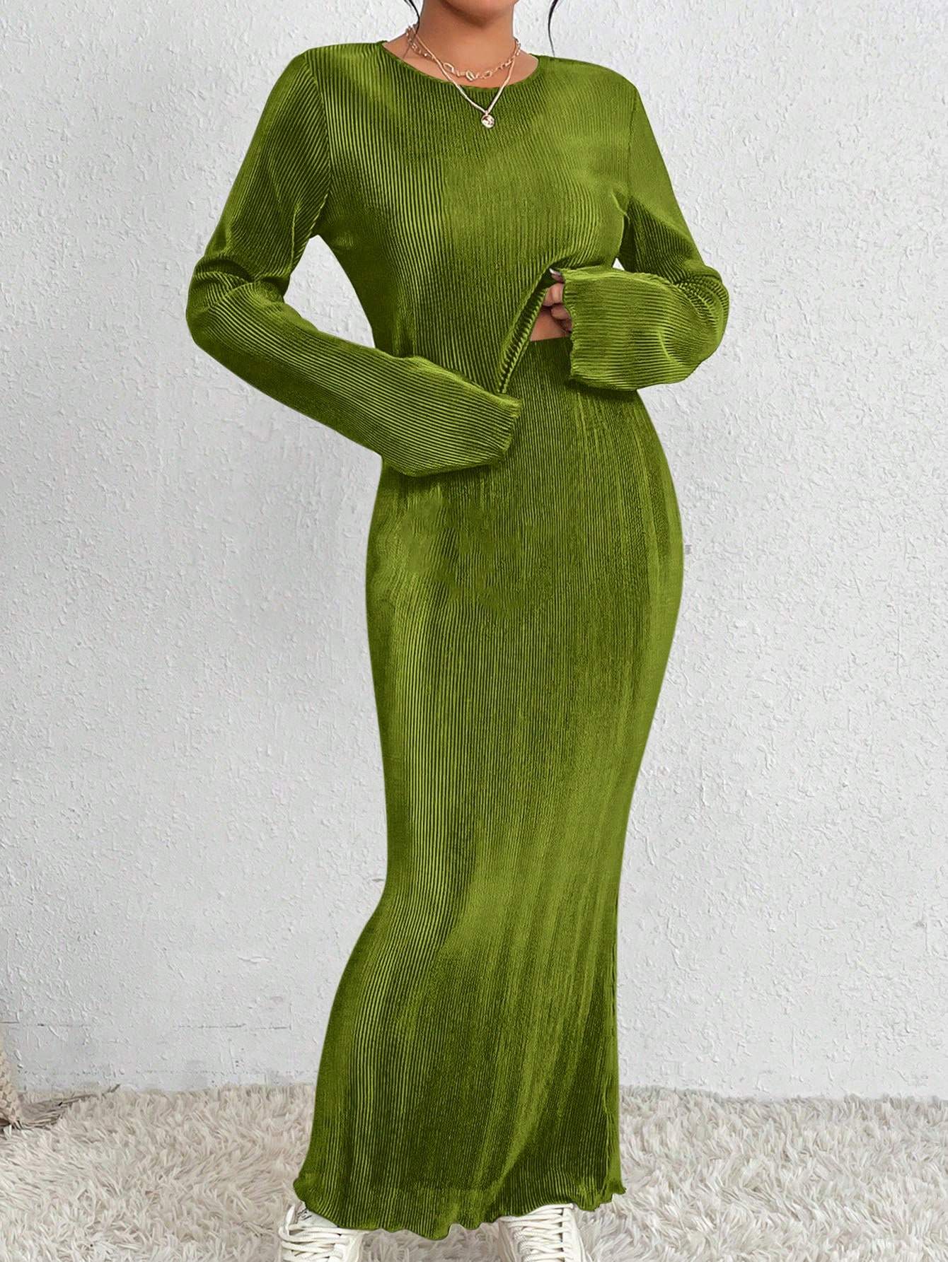 2PCS SET SOLID COLOR LONG SLEEVE TOP AND SKIRT - Missyess