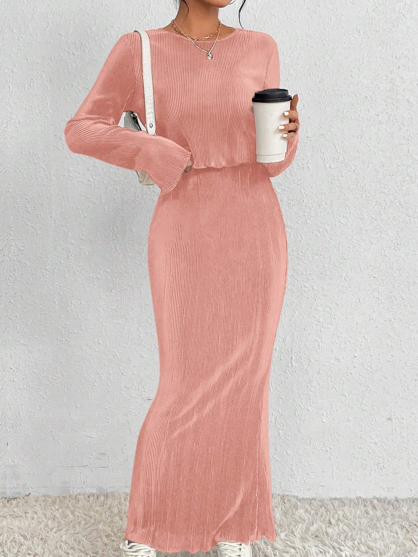 2PCS SET SOLID COLOR LONG SLEEVE TOP AND SKIRT - Missyess
