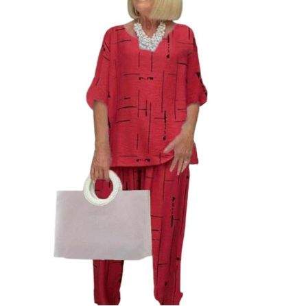 2PCS SUMMER SUITS WOMEN VINTAGE PRINTED URBAN TRACKSUIT  TWO PIECE SETS CASUAL HALF SLEEVE BLOUSE PANTS SETS MATCHING SETS RED XL - Missyess