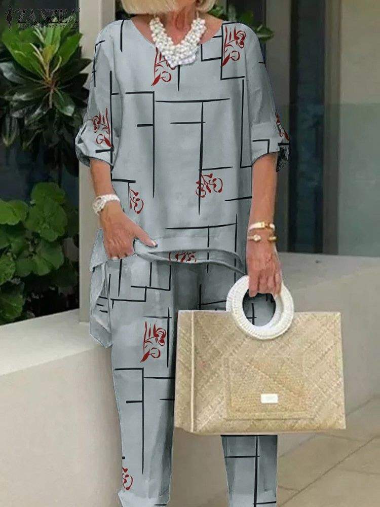 2PCS SUMMER SUITS WOMEN VINTAGE PRINTED URBAN TRACKSUIT  TWO PIECE SETS CASUAL HALF SLEEVE BLOUSE PANTS SETS MATCHING SETS RED XL - Missyess