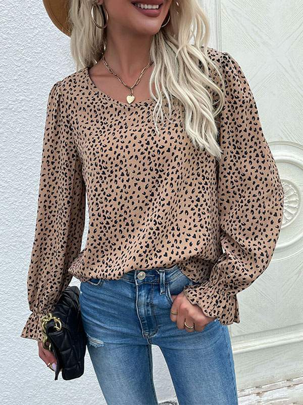 BLOUSE FOR WOMEN KHAKI POLYESTER JEWEL NECK STRETCH CASUAL LEOPARD PRINT PLEATED LONG SLEEVES T SHIRT