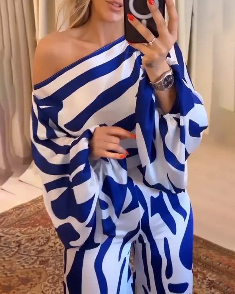 COLORBLOCK SKEW NECK BATWING SLEEVE TOP STRAIGHT LEG PANTS SET