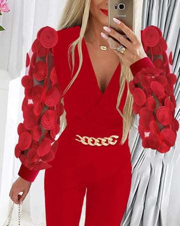 FLORAL PATTERN SHEER MESH PATCH CHAIN DECOR JUMPSUIT