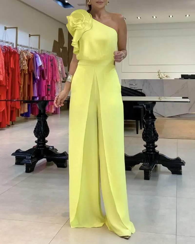 FLORAL PATTERN ONE SHOULDER RUFFLES JUMPSUIT
