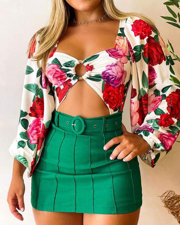 NEW ORING DECOR FLORAL PRINT LANTERN SLEEVE BODYSUIT SKIRT SET