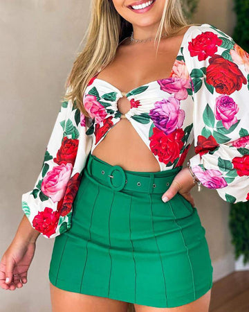 NEW ORING DECOR FLORAL PRINT LANTERN SLEEVE BODYSUIT SKIRT SET