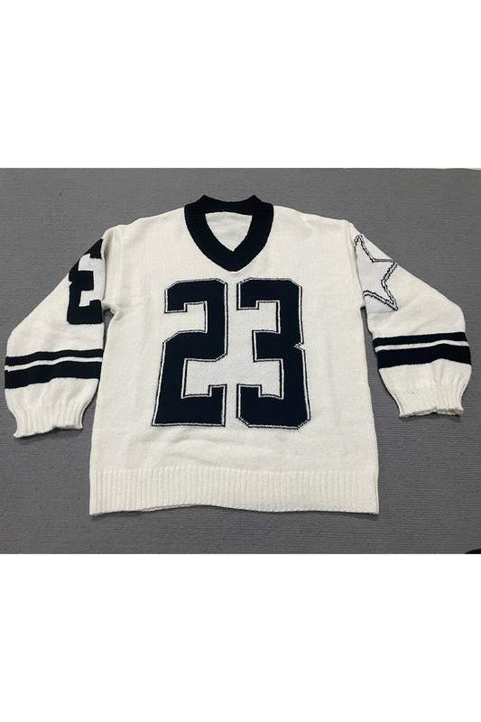 NUMBER PRINT V NECK SWEATER