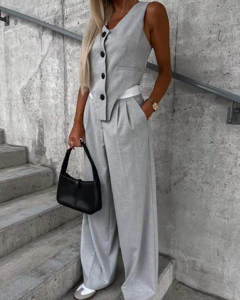 STRIPED COLORBLOCK VEST TOP RUCHED PANTS SET