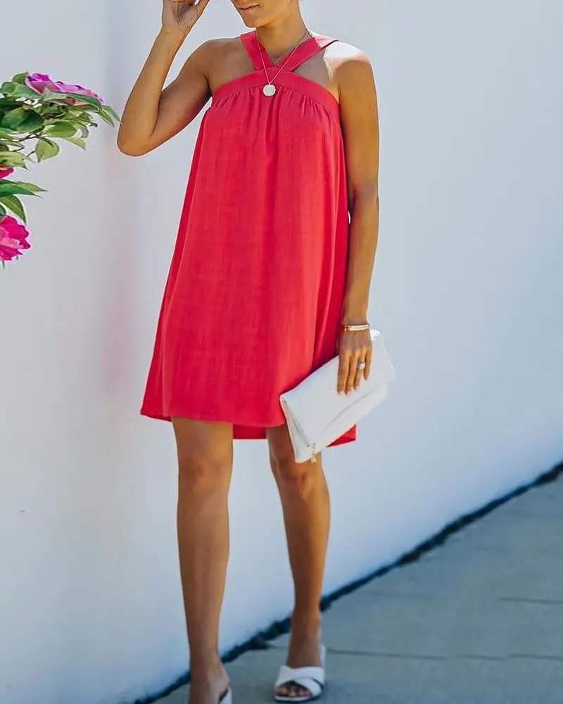 PLAIN HALTER SLEEVELESS CASUAL DRESS