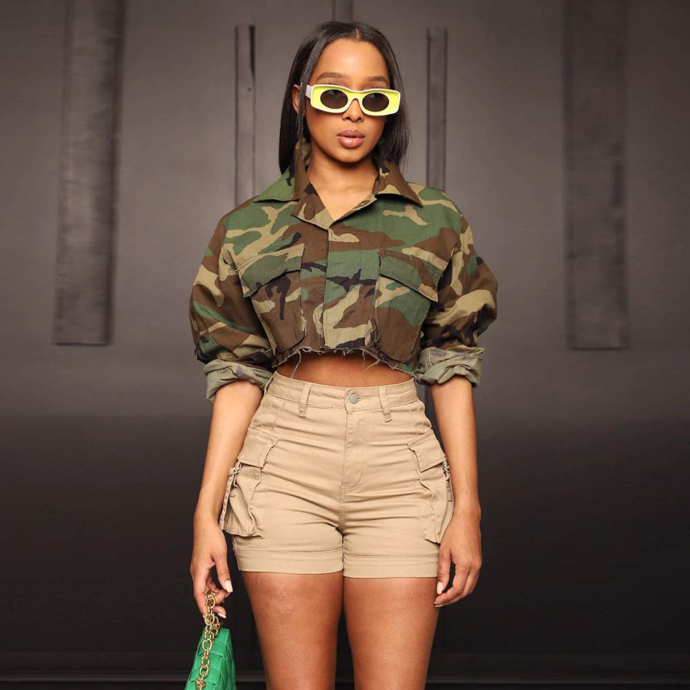 NEW FASHION STREET CAMOUFLAGE JACKET WOMEN LOOSE LONG SLEEVE BIG POCKET LAPEL CROPPED JACKET
