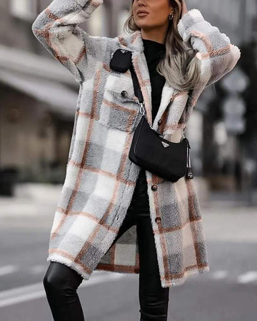 PLAID PRINT BUTTON POCKET DESIGN TEDDY SHACKET