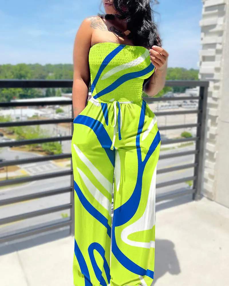 COLORBLOCK SHIRRED BANDEAU WIDE LEG JUMPSUIT