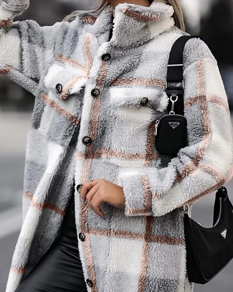 PLAID PRINT BUTTON POCKET DESIGN TEDDY SHACKET
