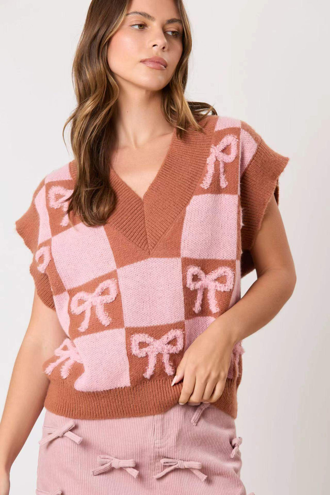PLAID BOW SWEATER VEST SWEATER WOMEN
