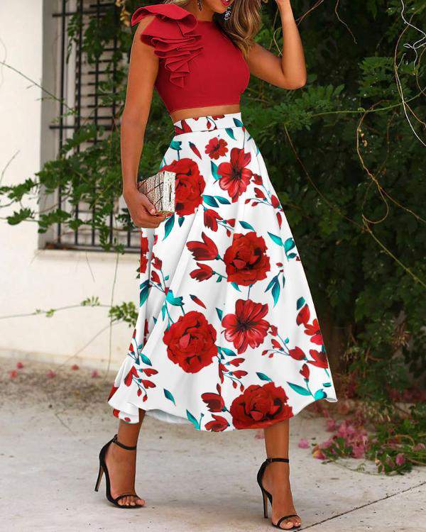 One Shoulder Ruffle Hem Crop Top Floral Skirt Set
