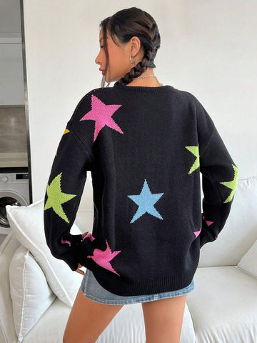 QUTIE STAR PATTERN DROP SHOULDER SWEATER