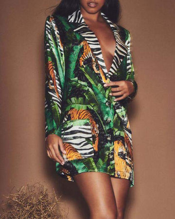 Tropical Print Notched Collar Button Front Pocket Coat